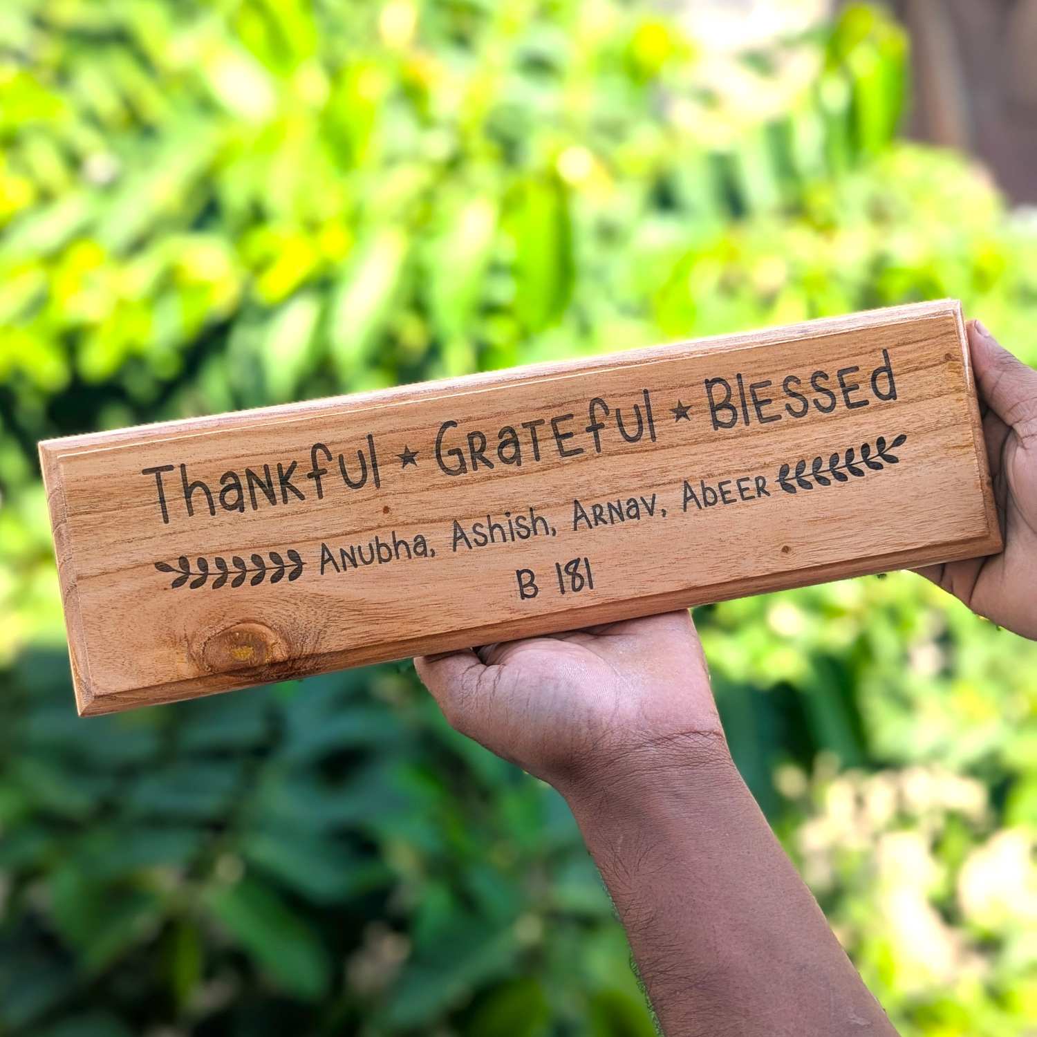 PERSONALIZED WOODEN HOME NAMEPLATE – THANKFUL, GRATEFUL, BLESSED