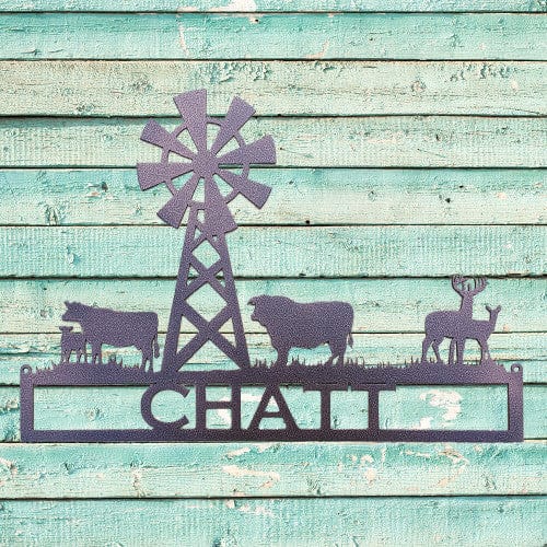 Metal Art Windmill with Cows and Deer Custom Text sign (G12)