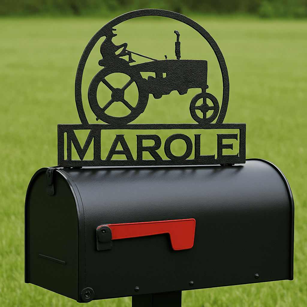 Farmhouse Mailbox Topper – Old Tractor & Farmer Design with Custom Name Plate (C19)