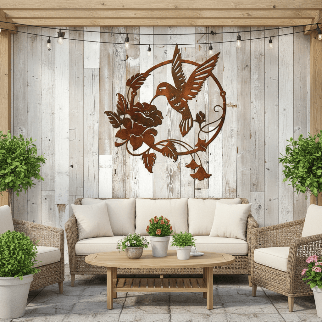 Hummingbird Flower Metal Wall Art – Rustic Outdoor Garden Decor – Decorative Bird Wall Hanging for Patio, Fence & Home (O)