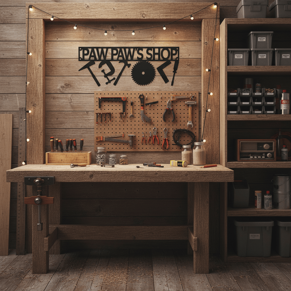 Paw Paw’s Tool Shop Metal Sign – Personalized Workshop Wall Decor (C22)