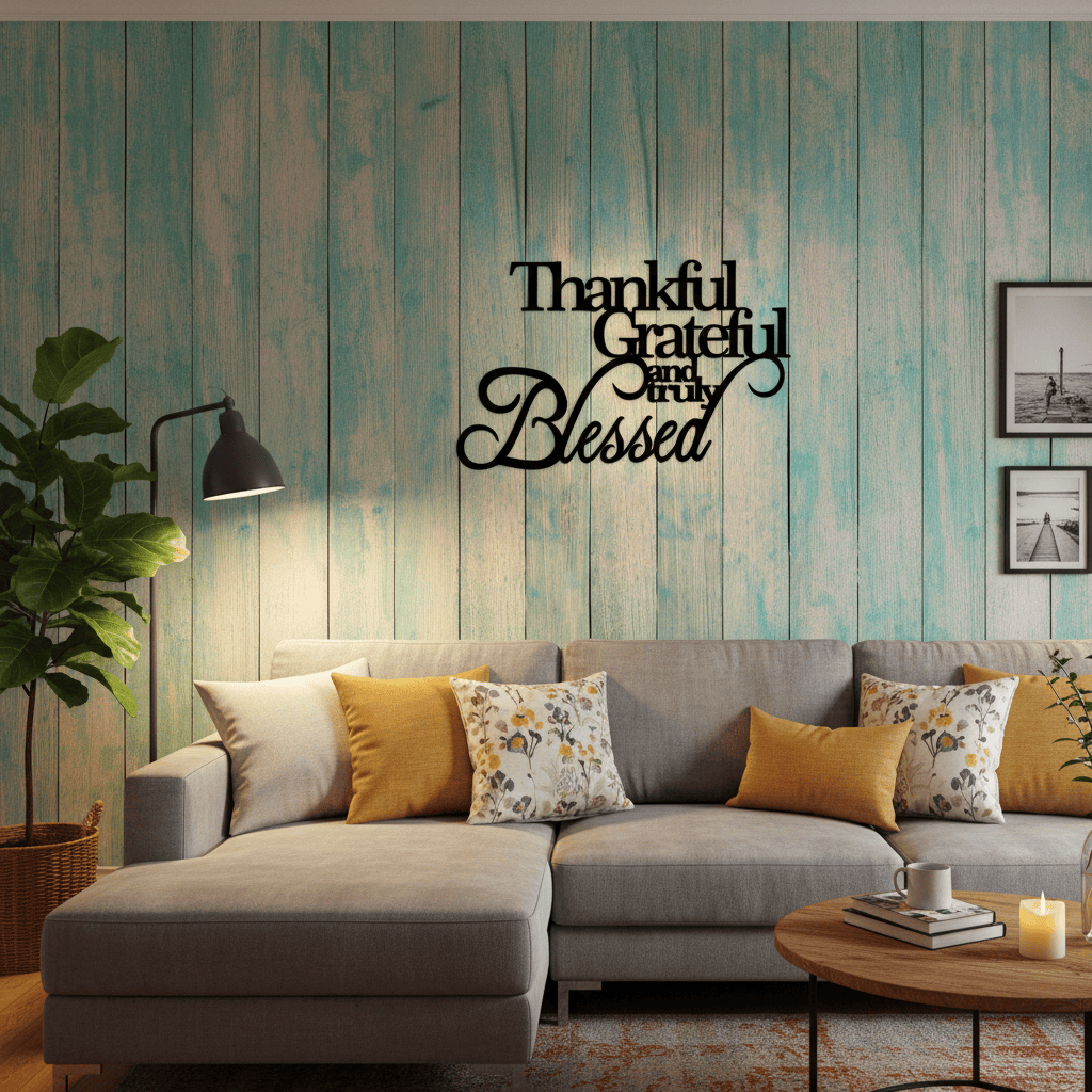 Thankful Grateful Blessed Metal Wall Art – Inspirational Home Decor Sign – Farmhouse Wall Hanging for Living Room, Bedroom & Entryway (E48)