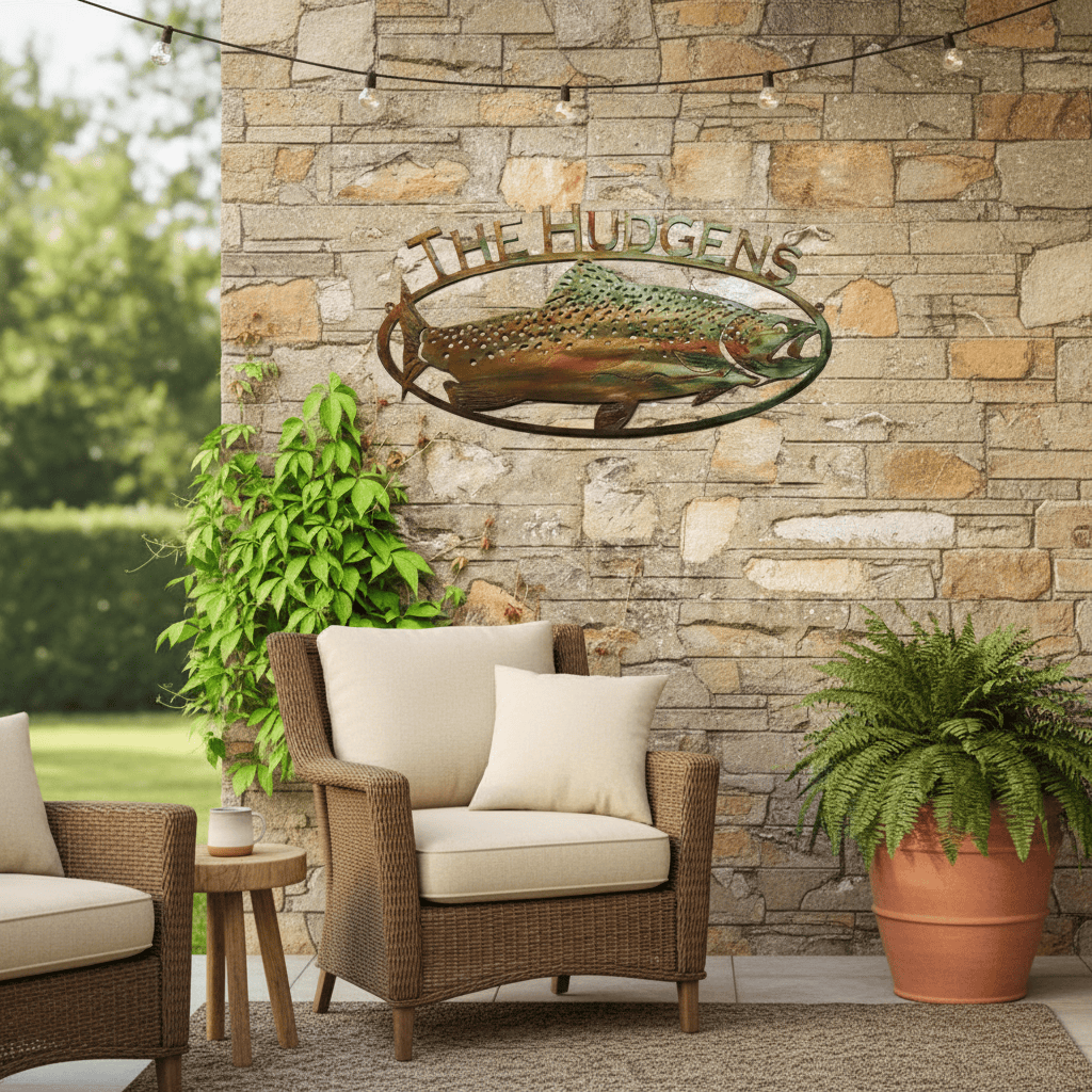 Trout Fish Sign with Custom Text – Rustic Lodge Wall Decor (D13)