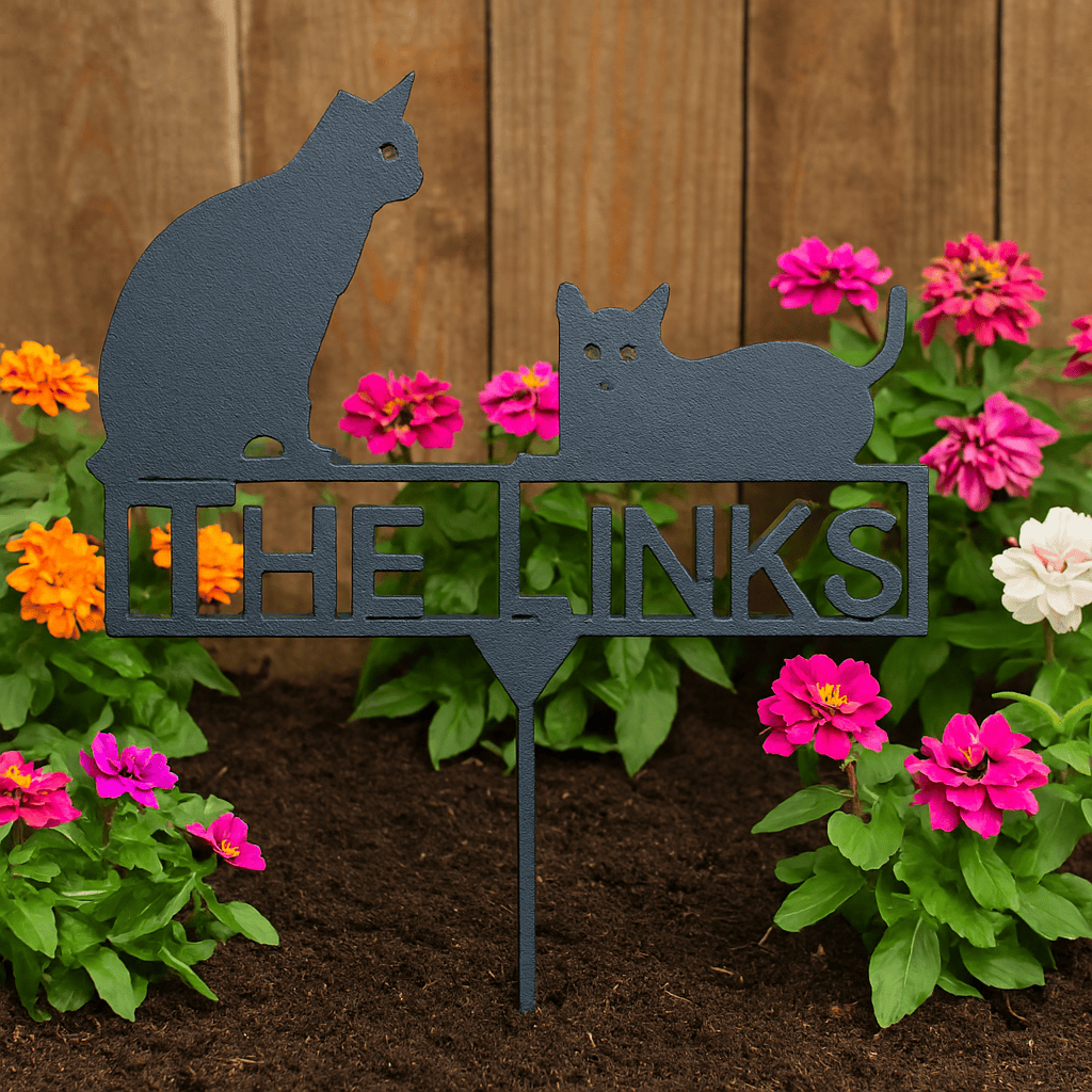 Cats Stake with Custom Text (A22) – Personalized Metal Garden Sign with Cat Silhouettes