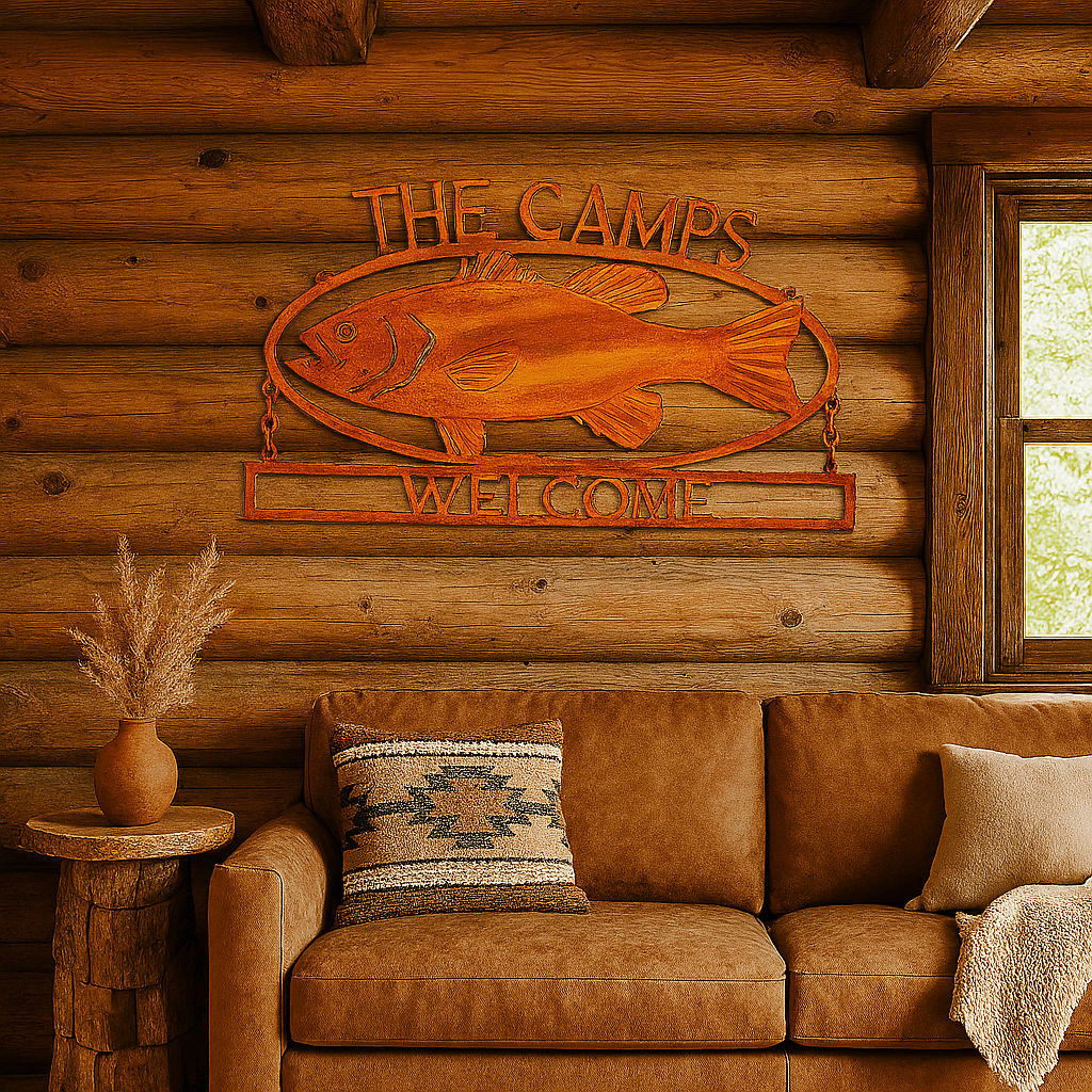Custom Rustic Metal Fish Sign – “Down by the River” Lodge & Cabin Decor (Q9)