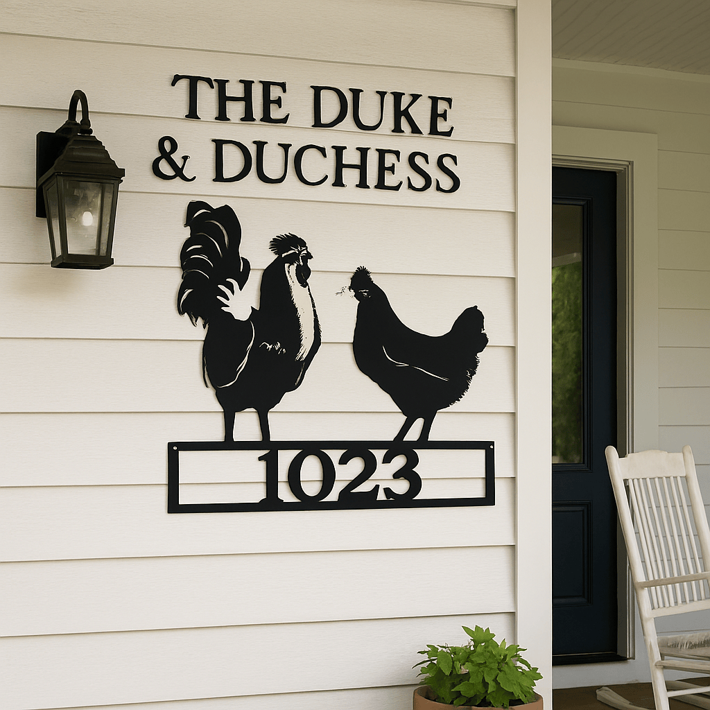 The Duke & Duchess” Rooster & Hen Sign – Personalized Farmhouse Metal Art (H17)