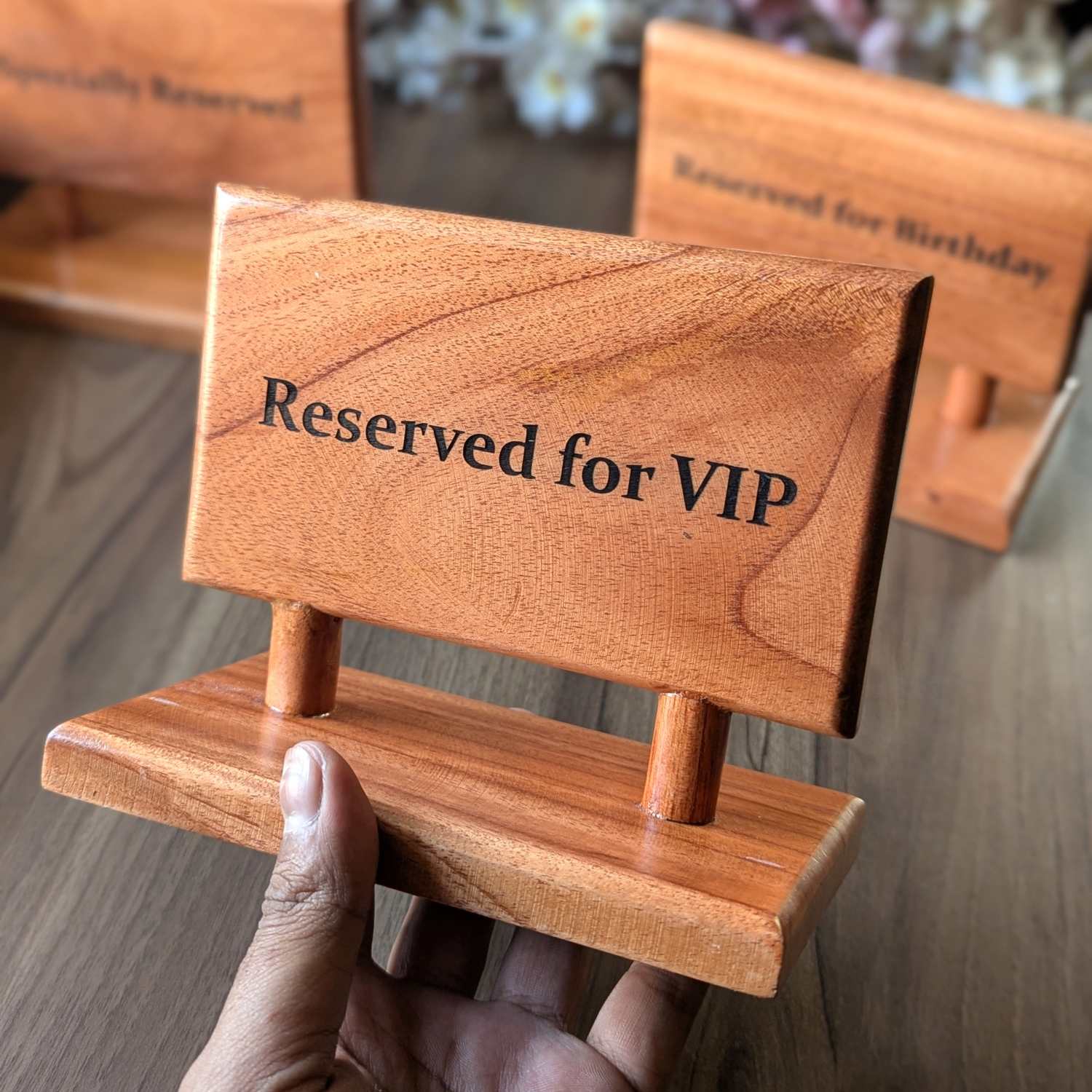 CUSTOM RECTANGULAR WOODEN RESERVED SIGN | ENGRAVED TABLE TENT FOR HORECA